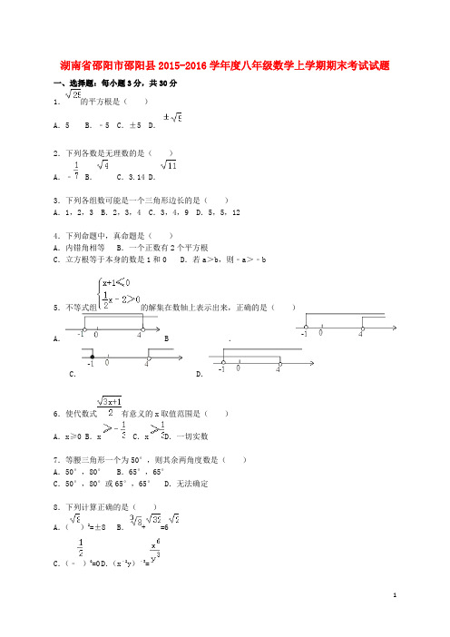 湖南省邵阳市邵阳县2015-2016学年度八年级数学上学期期末考试试题(含解析) 湘教版