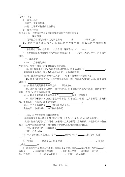 九年级物理 12.6《二力平衡 》导学案(无答案) 人教新课标版