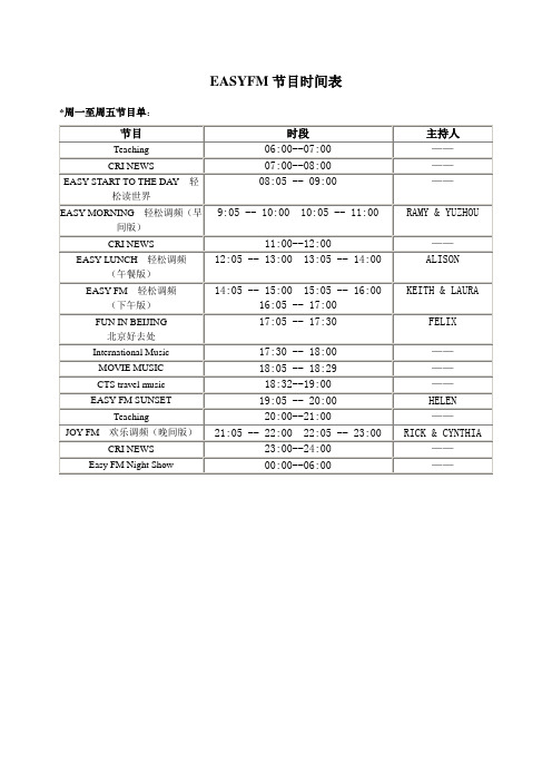 EASYFM节目时间表(FM91.5)