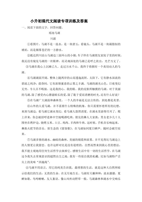 小升初现代文阅读专项训练及答案2