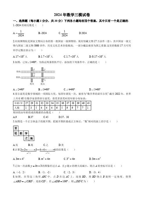 2024年河南省郑州市枫杨外国语学校九年级数学中考三模试题(含答案)