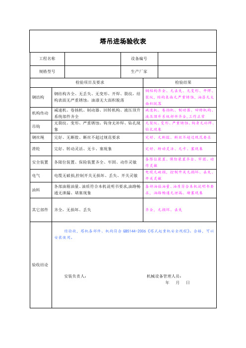 塔吊塔式起重机进场验收表