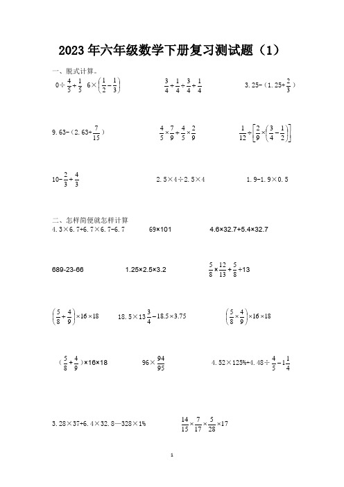 2023年人教版六年级数学下册复习测试题(1)