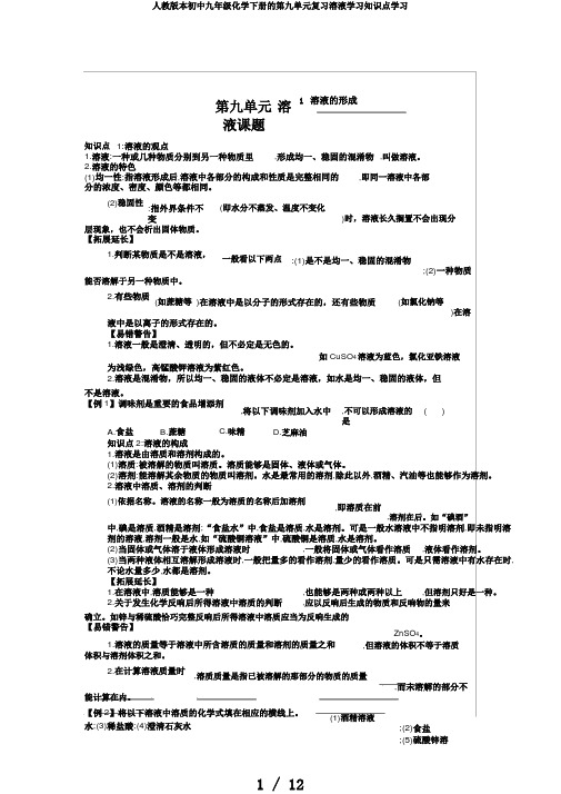 人教版本初中九年级化学下册的第九单元复习溶液学习知识点学习