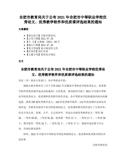 合肥市教育局关于公布2021年合肥市中等职业学校优秀论文、优秀教学软件和优质课评选结果的通知