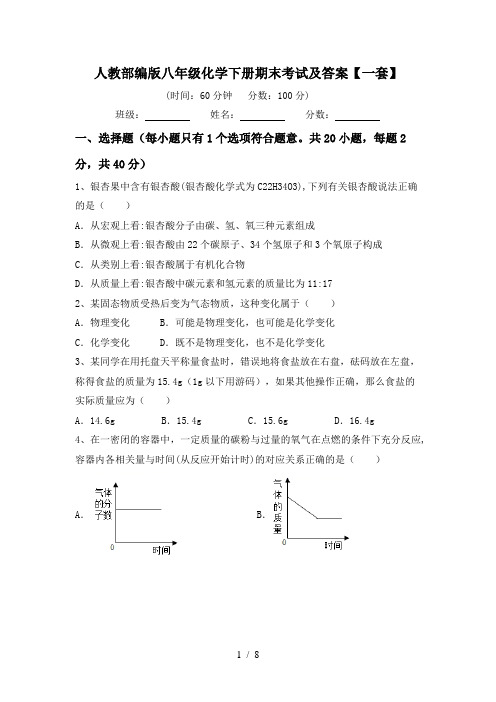 人教部编版八年级化学下册期末考试及答案【一套】