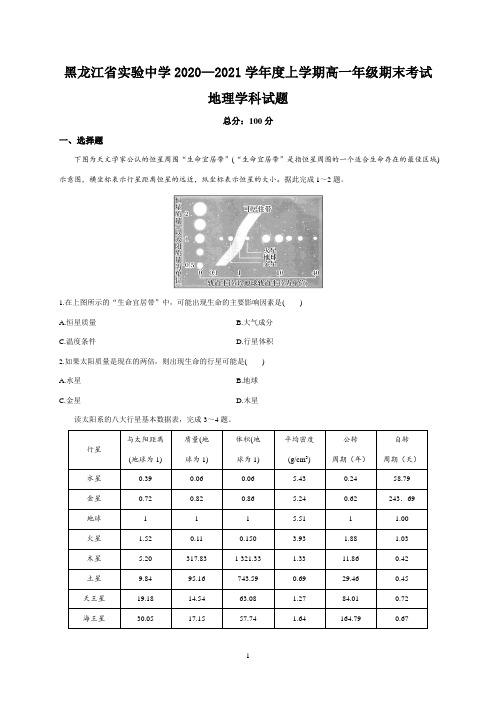 黑龙江省实验中学2020-2021学年高一上学期期末考试地理试卷 Word版含答案