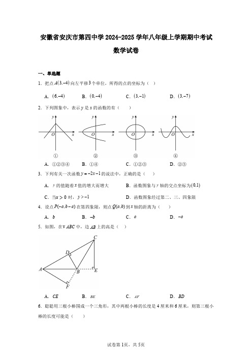 安徽省安庆市第四中学2024-2025学年八年级上学期期中考试数学试卷