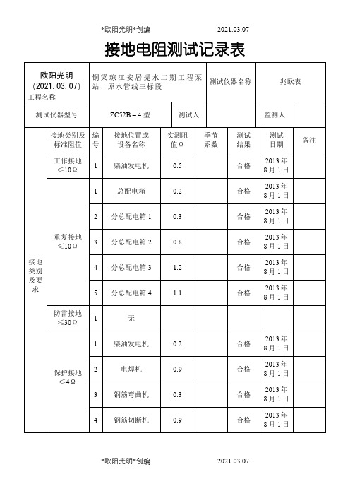 接地电阻测试记录表之欧阳光明创编