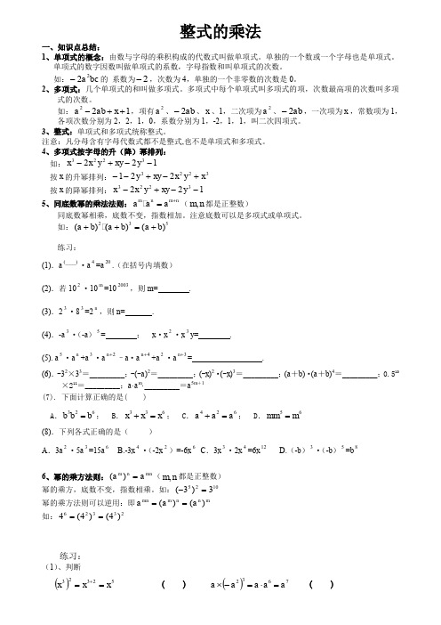 初二数学整式的乘法讲义+练习