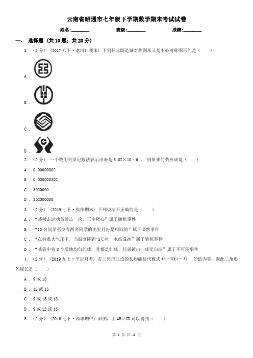 云南省昭通市七年级下学期数学期末考试试卷