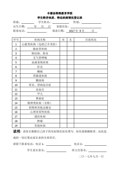 学生特异体质、特定疾病情况登记表