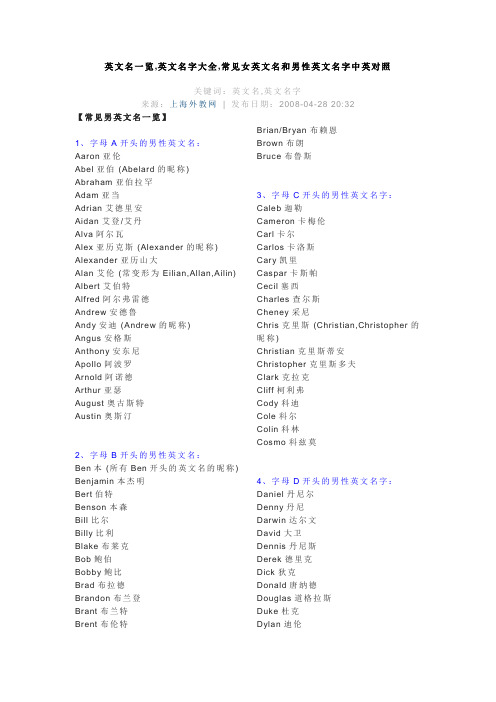 英文名一览,英文名字大全,常见女英文名和男性英文名字中英对照