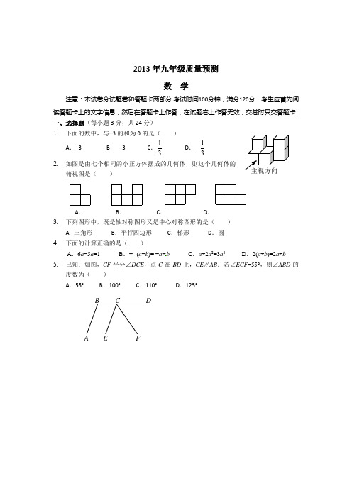 2013中考数学预测题及答案