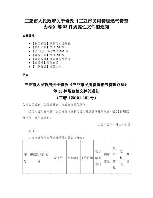 三亚市人民政府关于修改《三亚市民用管道燃气管理办法》等33件规范性文件的通知