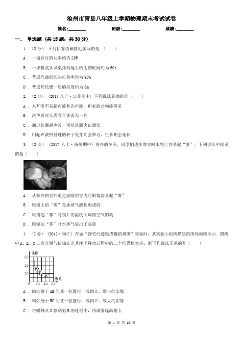 沧州市青县八年级上学期物理期末考试试卷