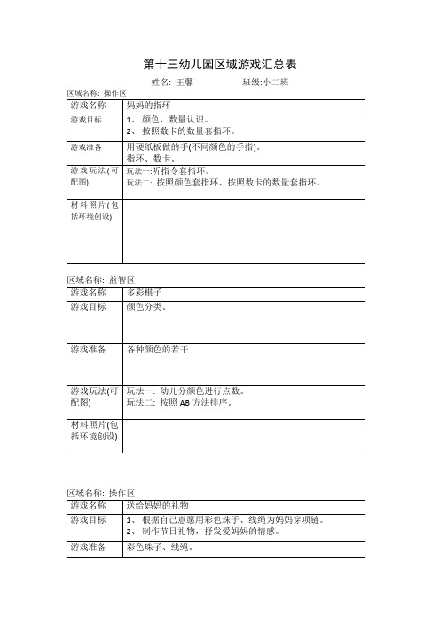 第十三幼儿园区域游戏汇总表【模板】