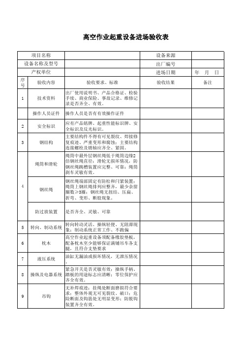 高空作业起重设备进场验收表