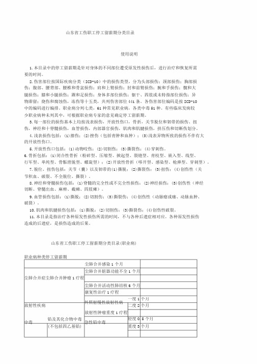 山东省工伤职工停工留薪期分类目录(全)