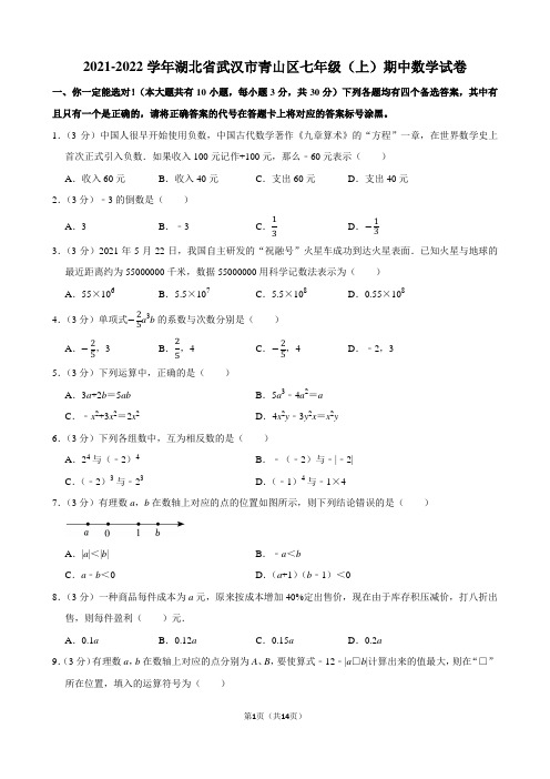 2021-2022学年湖北省武汉市青山区七年级(上)期中数学试卷