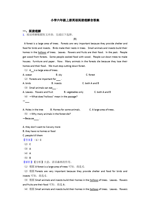小学六年级上册英语阅读理解含答案