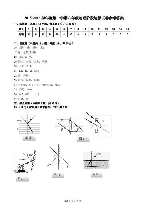 2015~2016学年第一学期阶段达标八年级物理答案