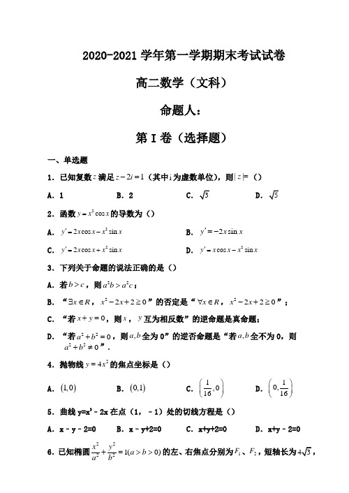 2020-2021学年高二上学期期末考试数学(文)试题-含答案