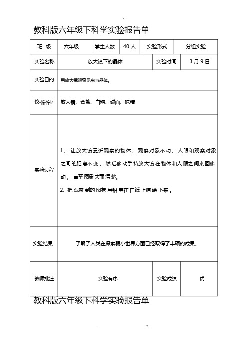 教科版六年级下科学实验报告单新版