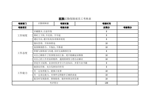 医院后勤保障部员工考核表