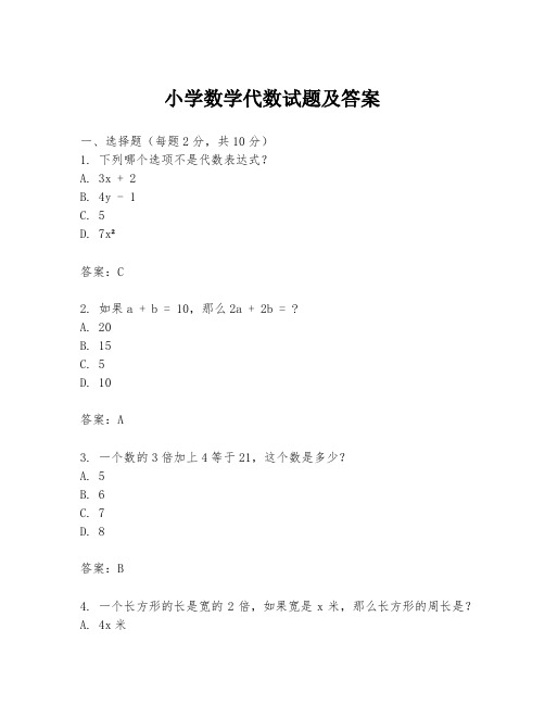 小学数学代数试题及答案