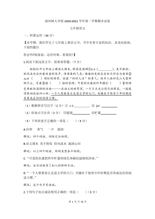 江苏省扬州市扬州树人中学2020—2021学年第一学期期末考试语文试卷(无答案)