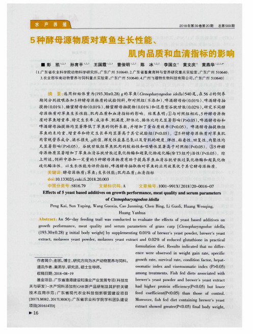 5种酵母源物质对草鱼生长性能、肌肉品质和血清指标的影响