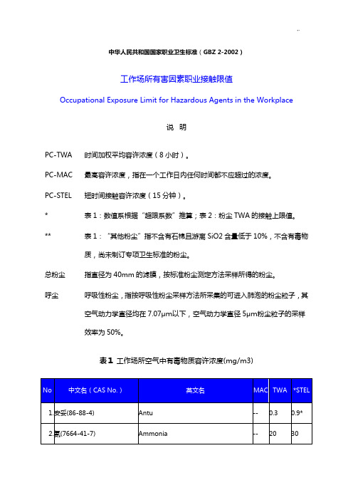 (GBZ2-2002)《工业场所有害因素职业接触限值》