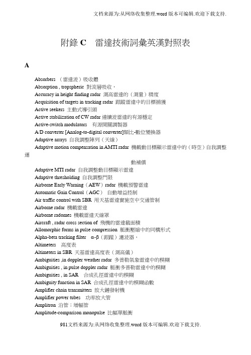 经典雷达资料附录C雷达技术词汇英汉对照表