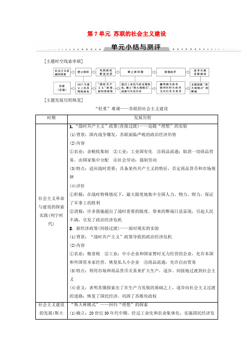 2018秋高中历史 第7单元 苏联的社会主义建设单元小结与测评学案 新人教版必修2