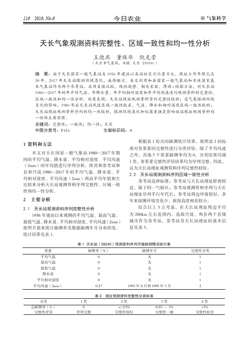 天长气象观测资料完整性、区域一致性和均一性分析