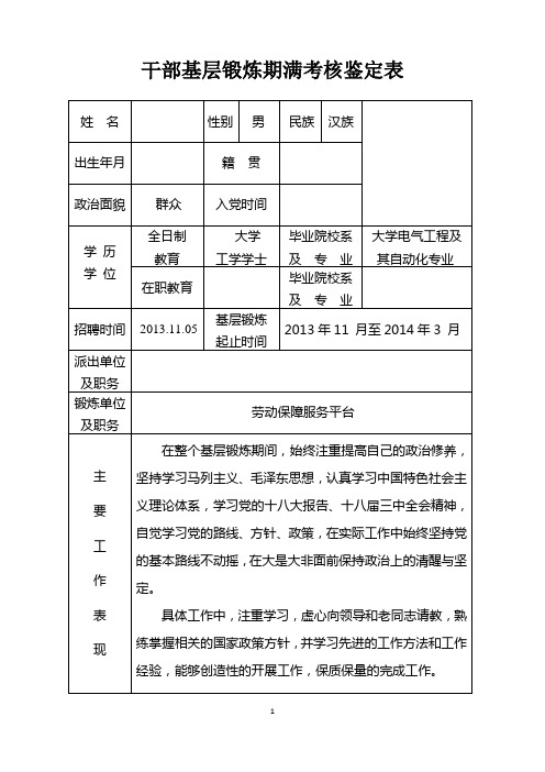 干部基层锻炼期满考核鉴定表