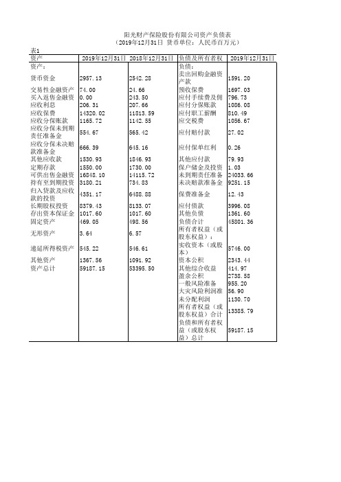 中国保险年鉴2020：阳光财产保险股份有限公司资产负债表