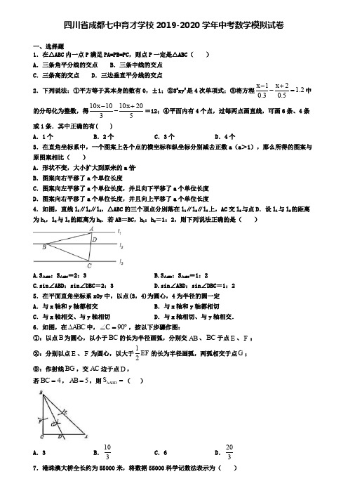 四川省成都七中育才学校2019-2020学年中考数学模拟试卷