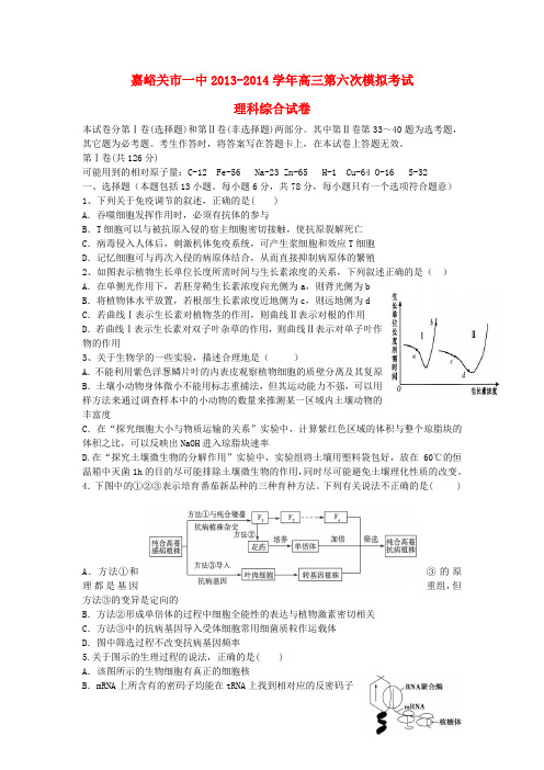 甘肃省嘉峪关一中高三理综下学期六摸考试试题新人教版(1)