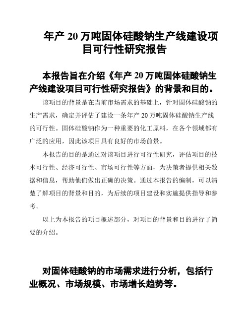 年产20万吨固体硅酸钠生产线建设项目可行性研究报告