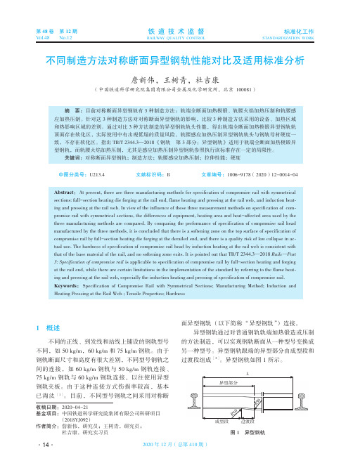 不同制造方法对称断面异型钢轨性能对比及适用标准分析