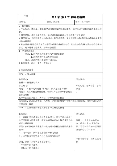 2.1群落的结构(第1课时)教学设计+2023—2024学年高二上学期生物人教版选择性必修2