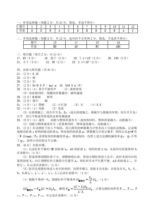 北京市东城区重点中学2018-2019下学期初三物理二模考试试卷  参考答案