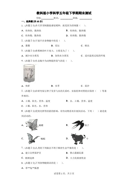 教科版小学科学五年级下册期末测试卷 (6)