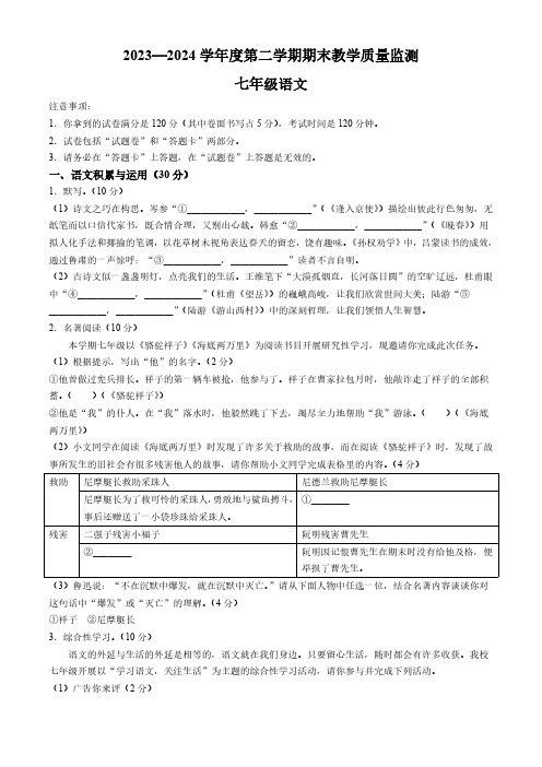 安徽省蚌埠市经开区2023-2024学年七年级下学期期末语文试题(含答案)