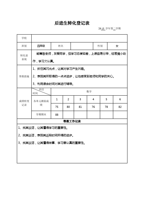 后进生转化登记表(小学)