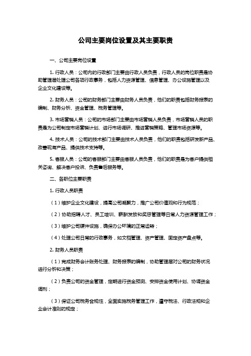 公司主要岗位设置及其主要职责