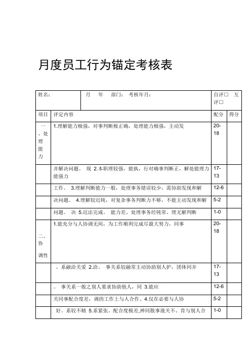 月度员工行为锚定考核