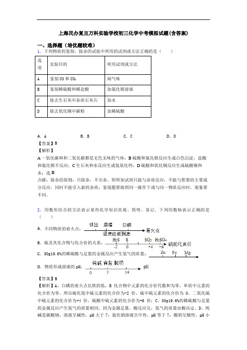 上海民办复旦万科实验学校初三化学中考模拟试题(含答案)